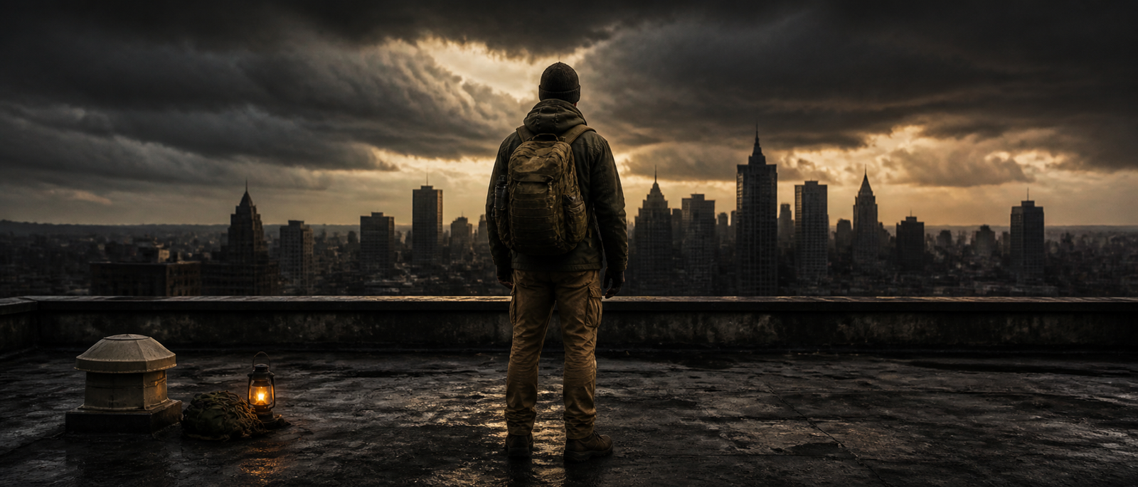 Lone survivor overlooking an American city skyline at sunset