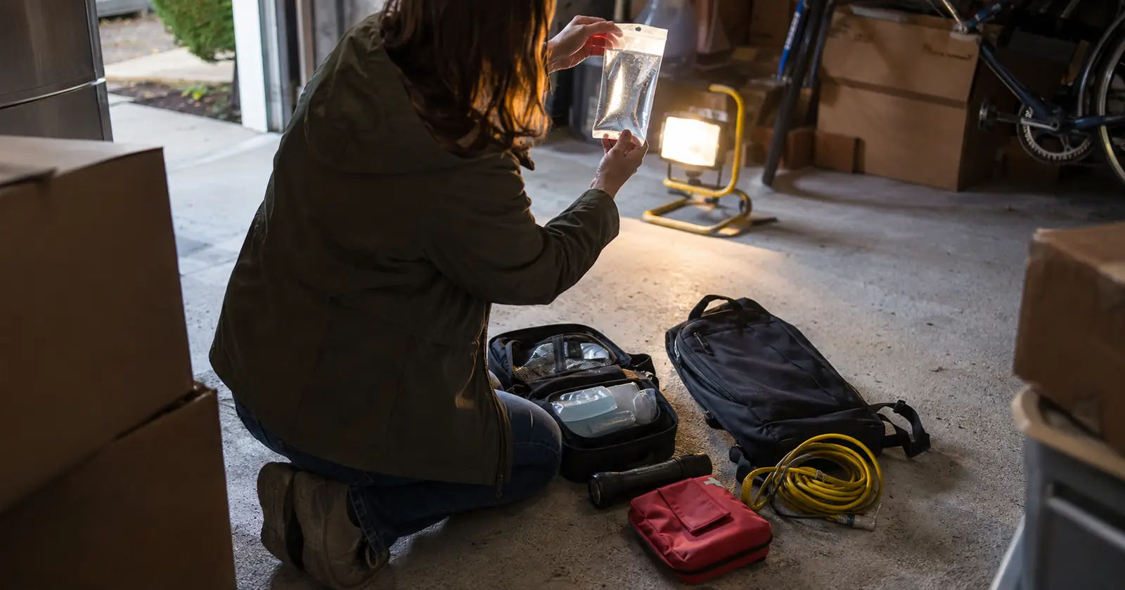 A person kneeling on a garage floor beside an open emergency kit, checking a water pouch against the light.