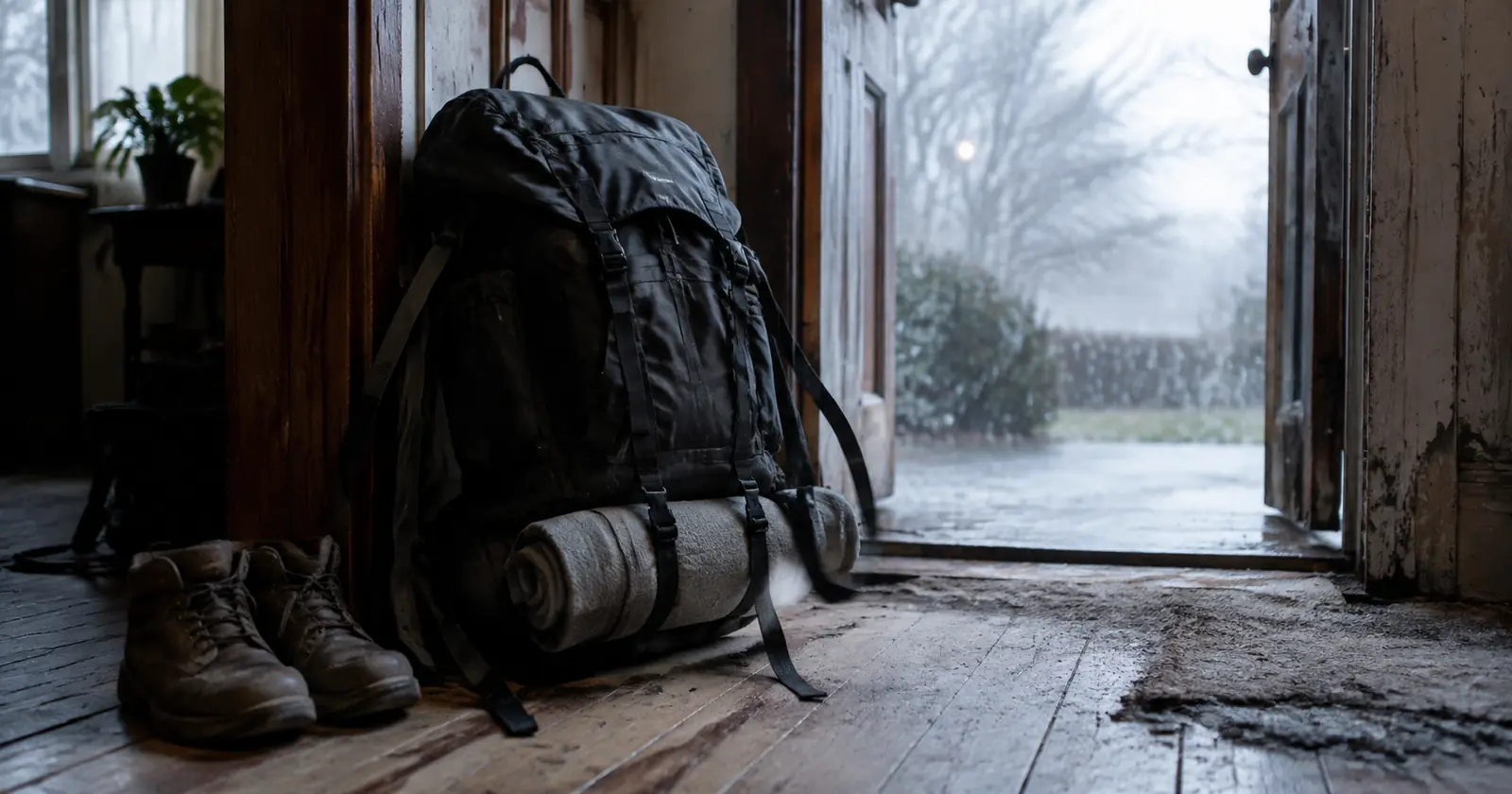 A large loaded backpack leaning against a doorframe at first light, straps hanging loose.