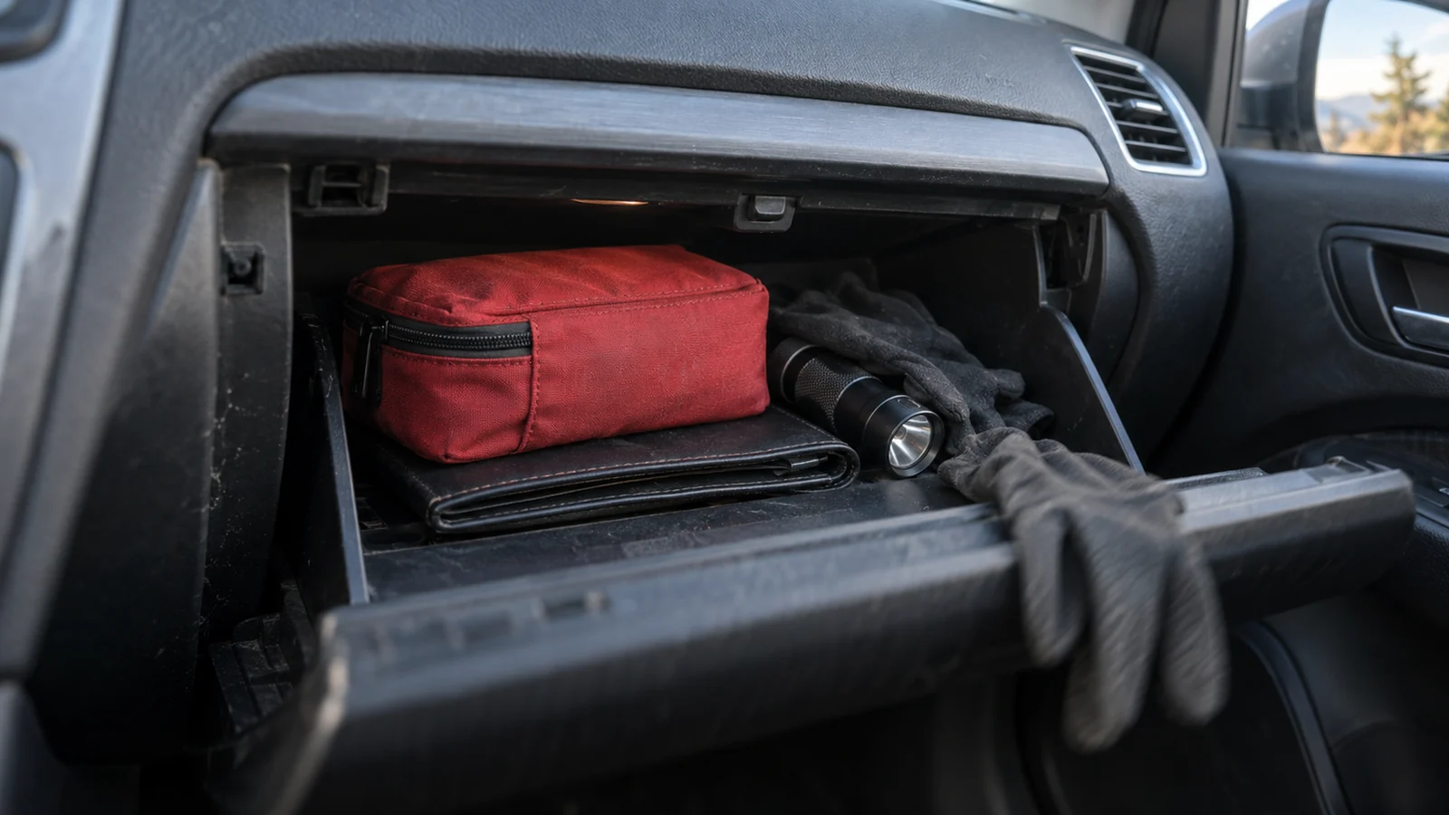 An open glove box holding a compact first aid pouch, a torch and a folded document wallet.