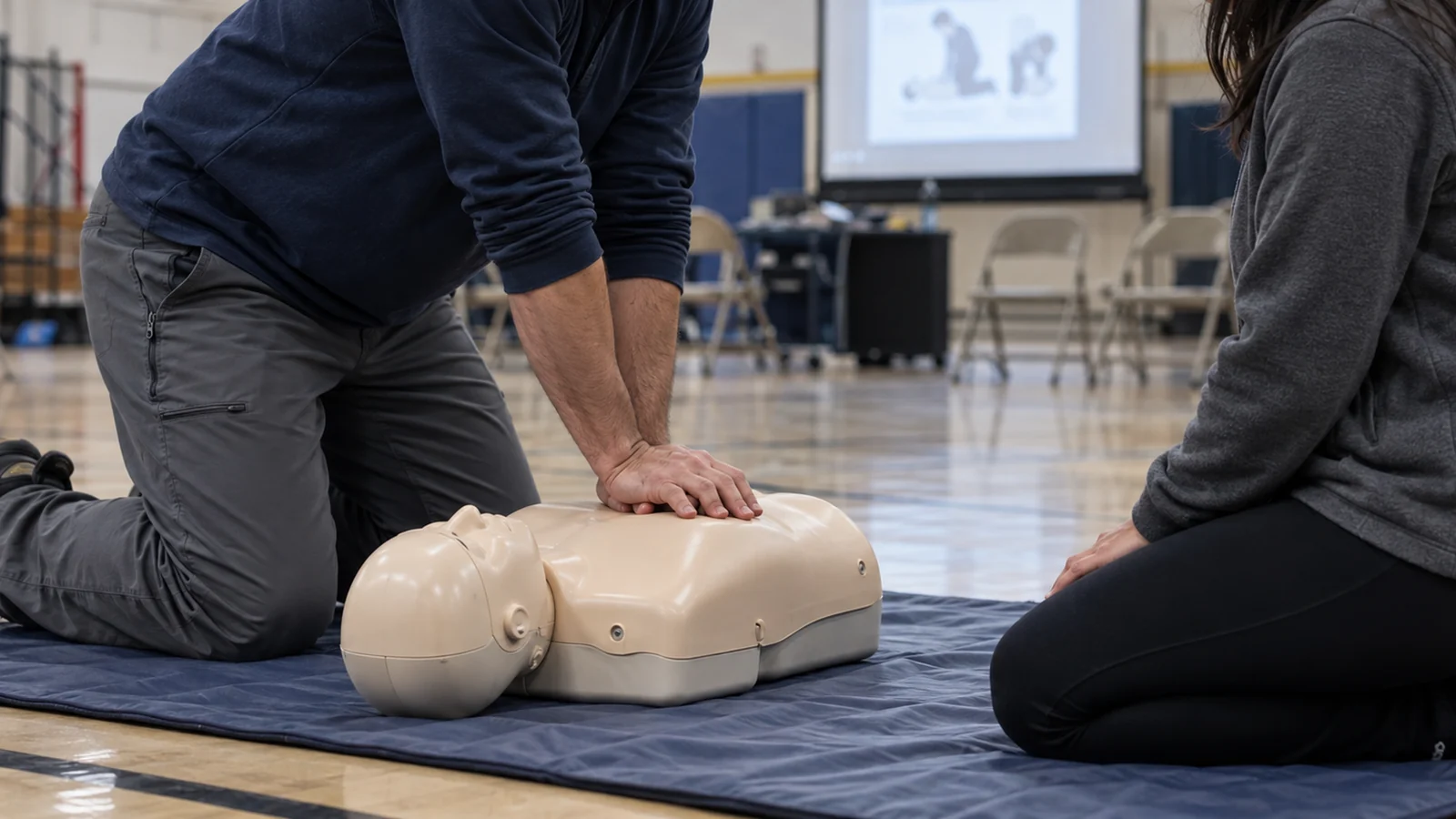 Two people kneeling beside a training manikin in a certification class, one demonstrating hand position.