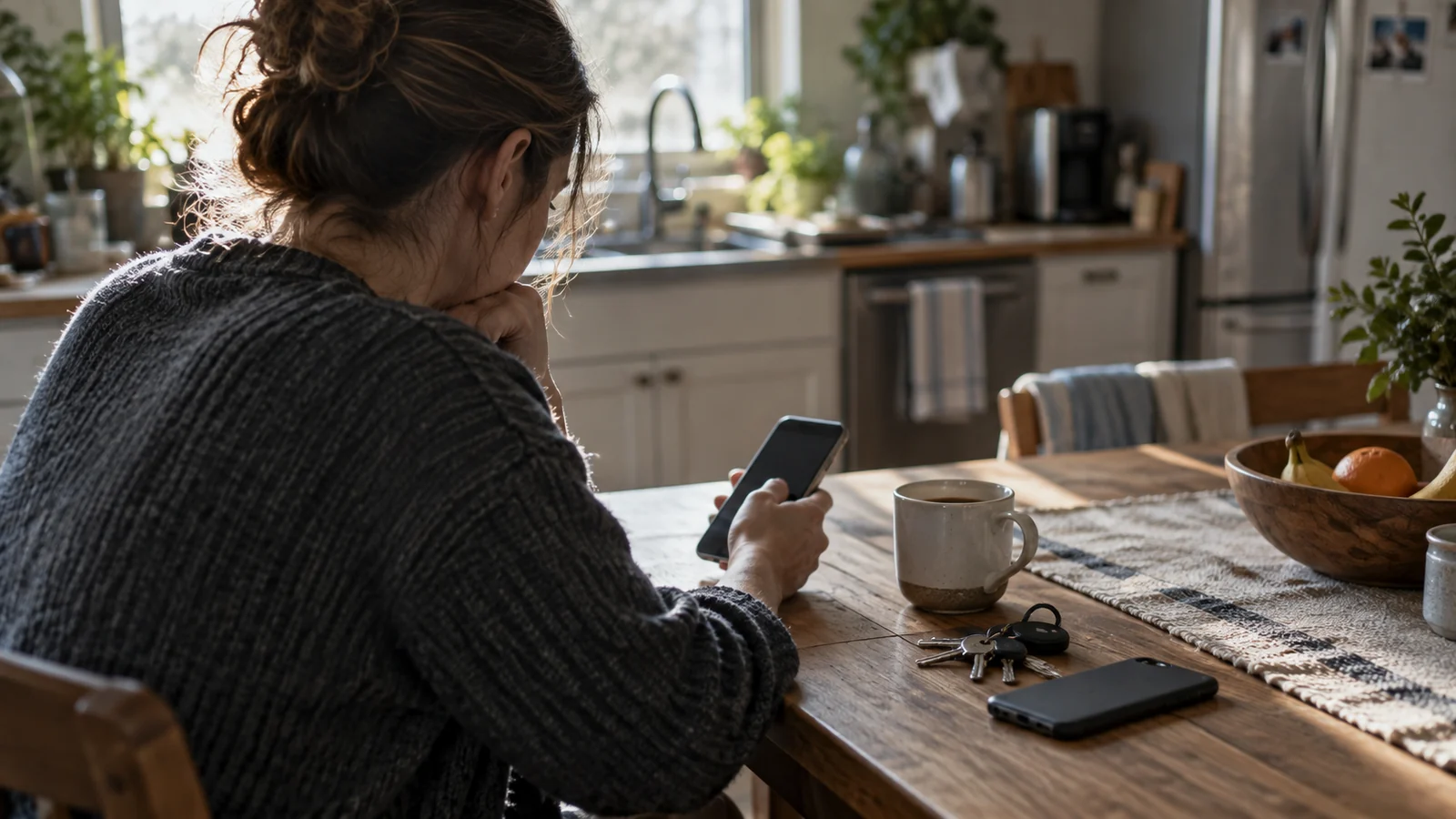 A person seated at a kitchen table seen from behind, checking a phone held at a low angle.