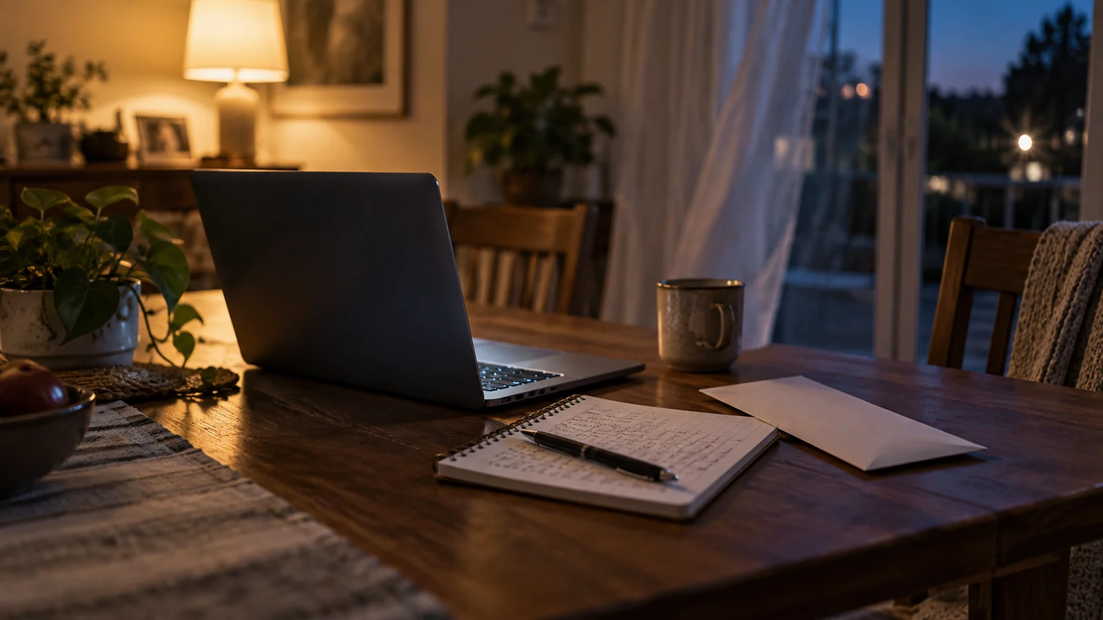 An open laptop on a dining table with its screen angled away, a notebook and pen beside it.