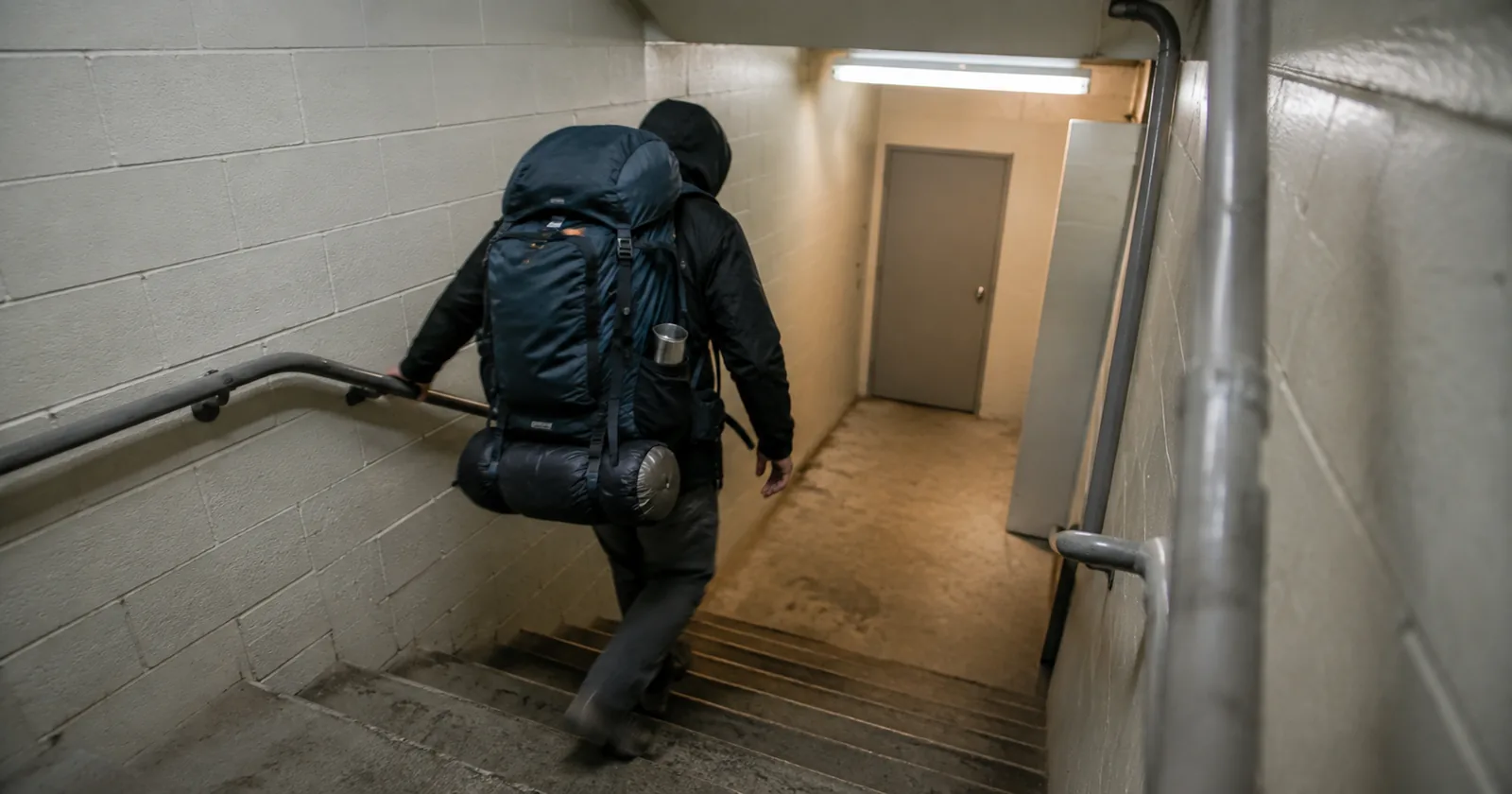 A person carrying a loaded backpack down a concrete stairwell, seen from behind and above.