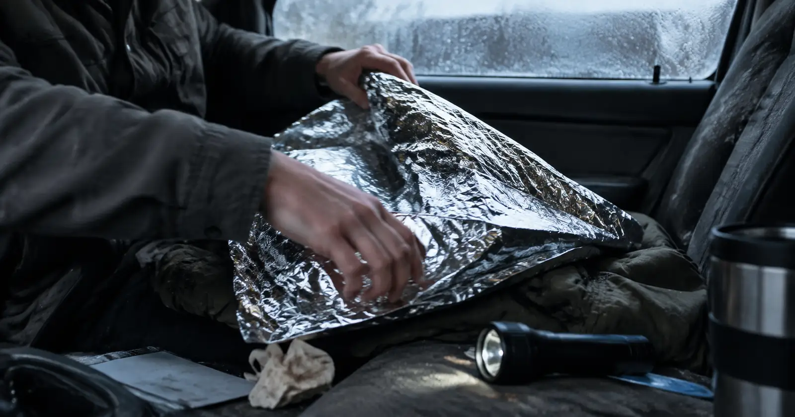 Hands unfolding a crumpled foil emergency blanket over a coat in a cold car interior.