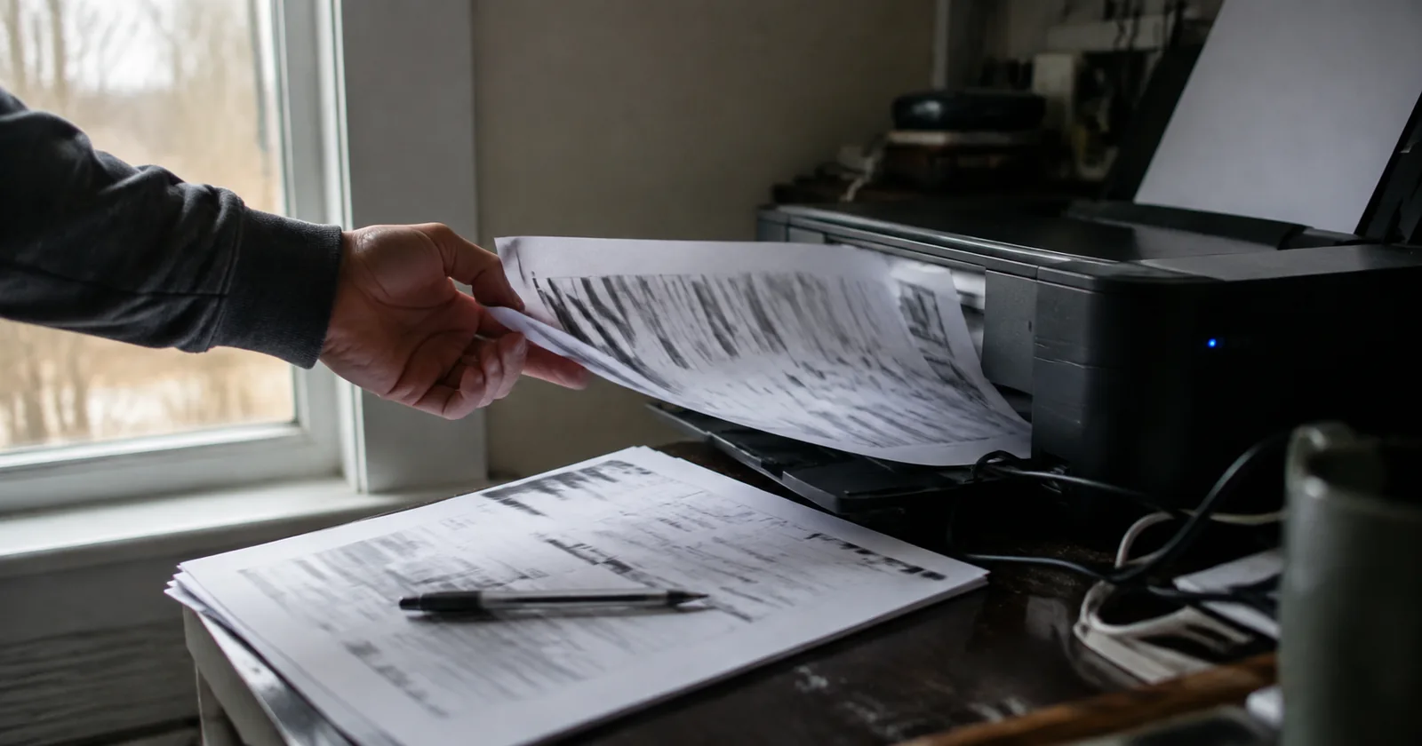 A hand pulling a freshly printed checklist from a home printer, with two more printed sheets on the desk beside it.