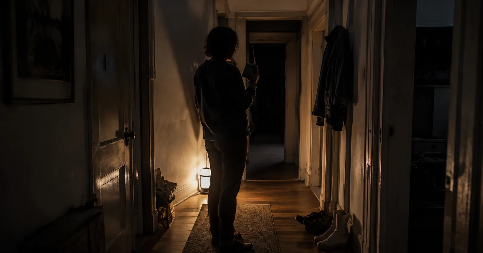 A person standing in a dark apartment corridor holding up a small two-way radio during a power outage.