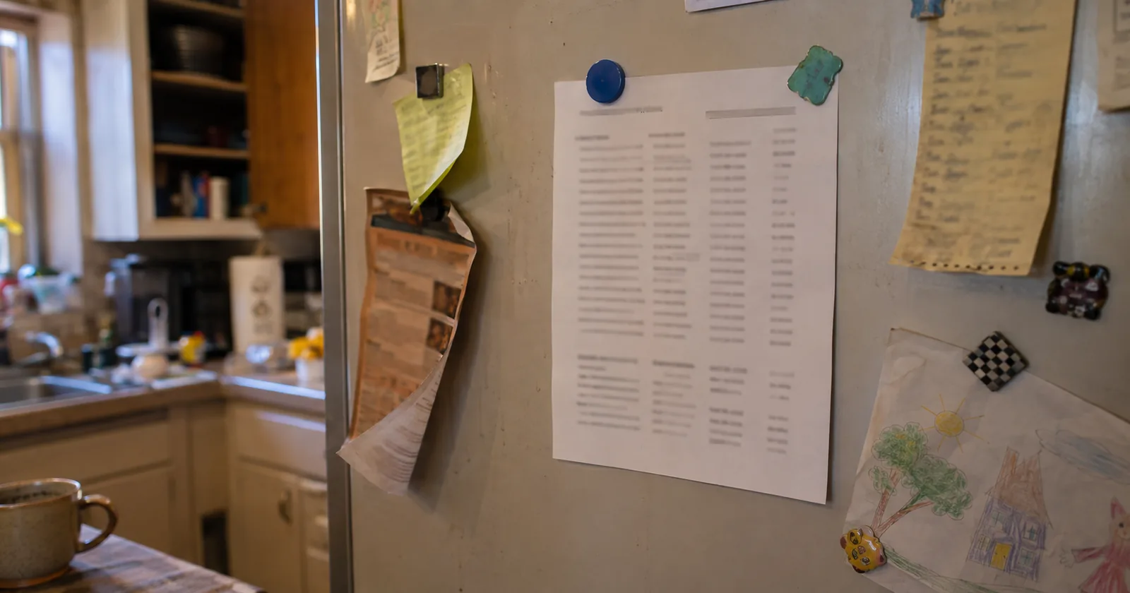 A printed contact sheet held to a fridge door by magnets, among other papers in an ordinary kitchen.