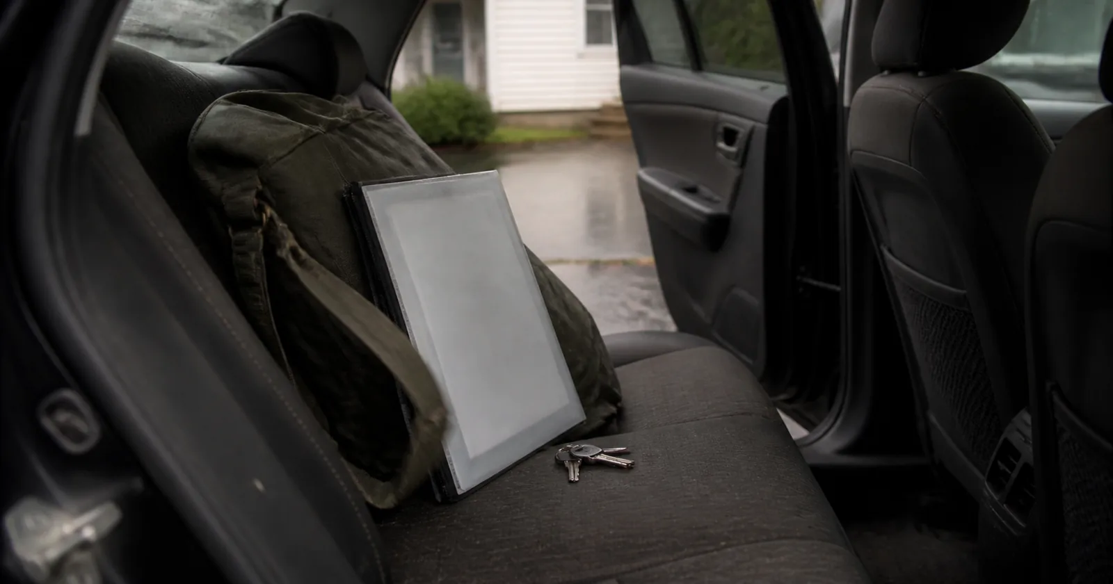 A packed bag and a slim document folder on the back seat of a car, doors open, ready to leave.