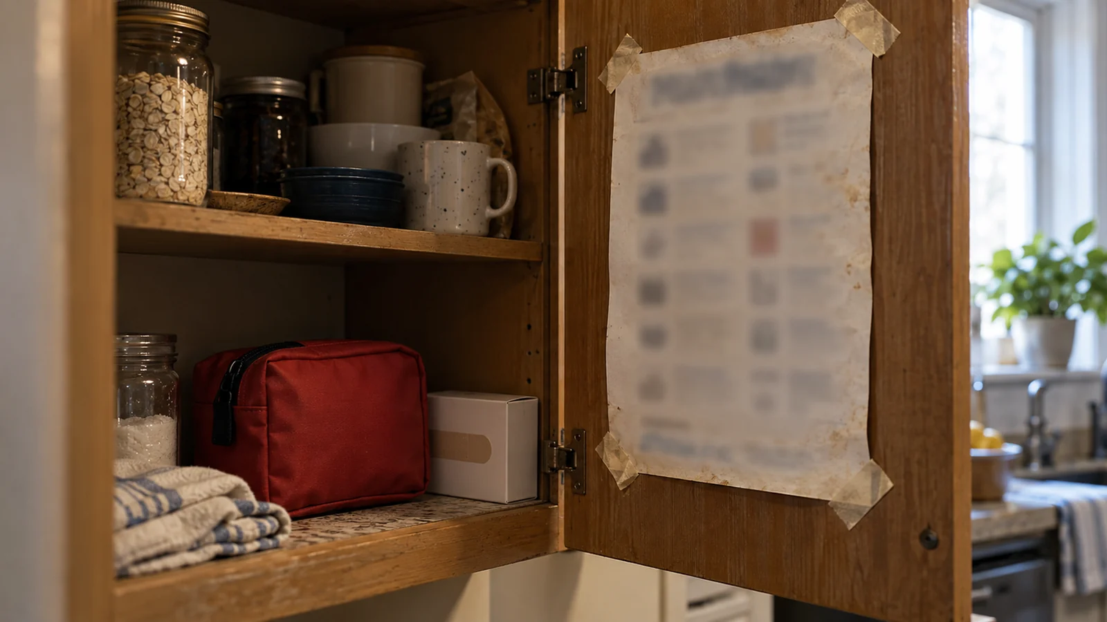 A printed reference sheet taped inside a kitchen cupboard door, above a first aid kit on the shelf.