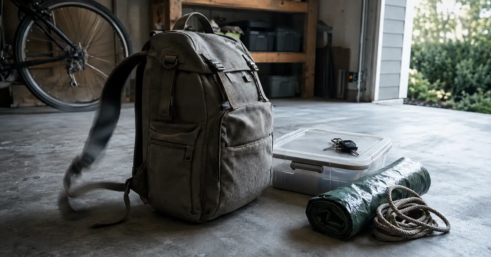 A packed backpack, a plastic storage box and a rolled tarp lined up on a garage floor.
