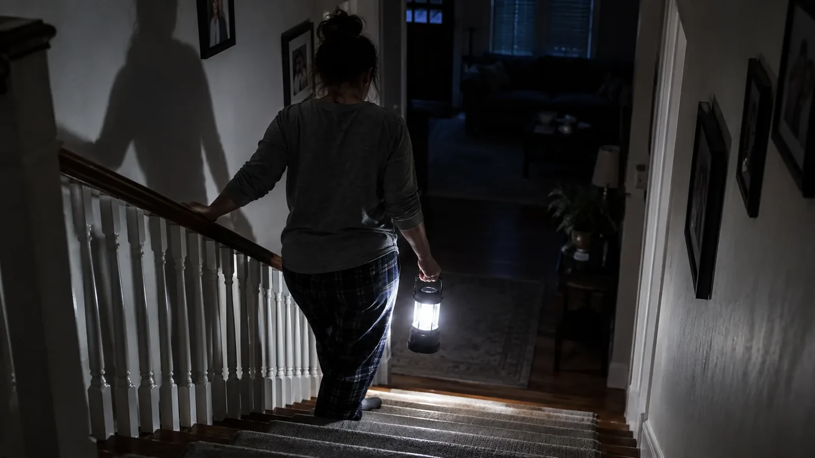 A person carrying a lit battery lantern down a dark staircase during a power cut, seen from behind.