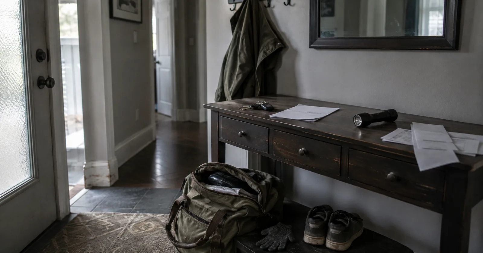 A hall table by a front door with a packed bag, car keys, a folded plan and a small torch.