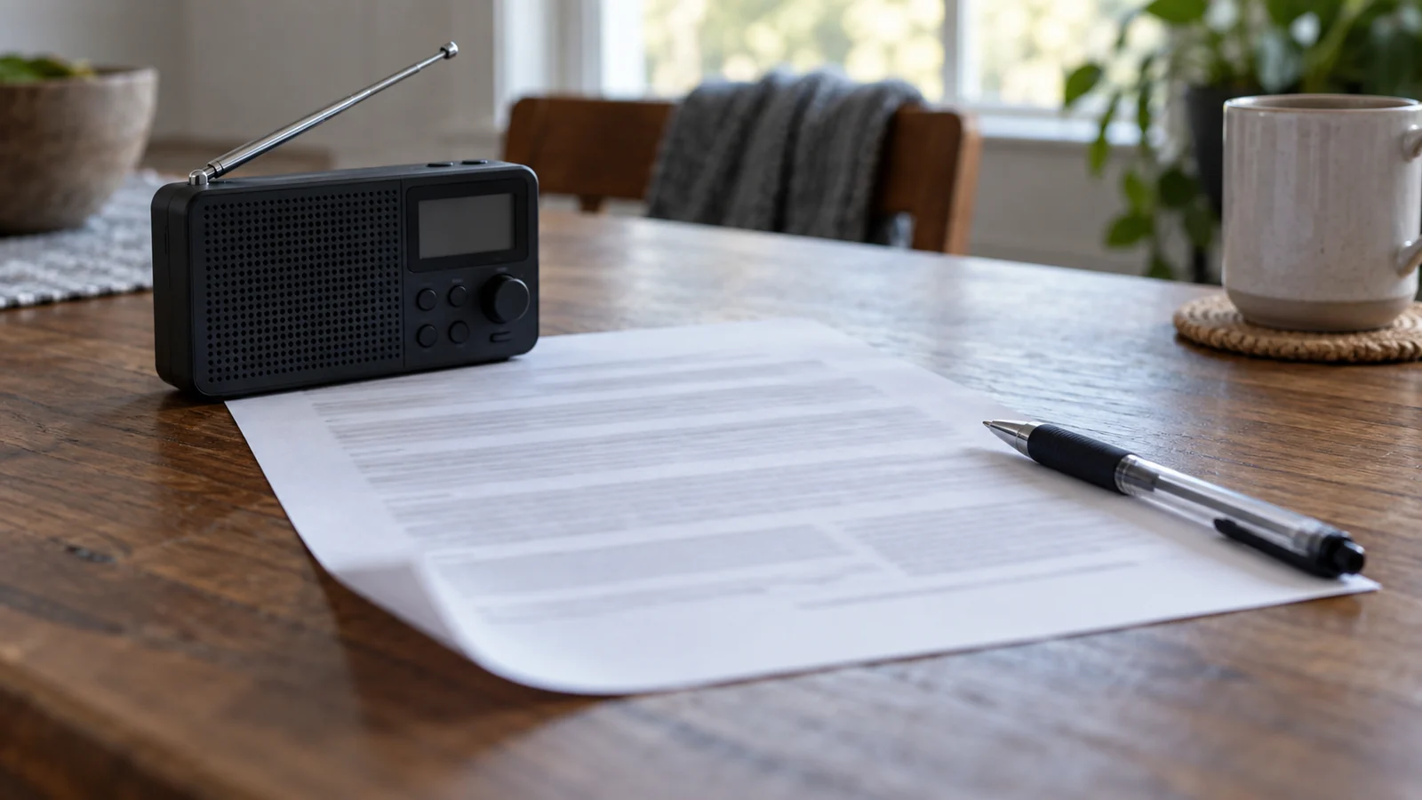 A printed sheet held flat on a wooden table by a small portable radio, a pen resting across one corner.