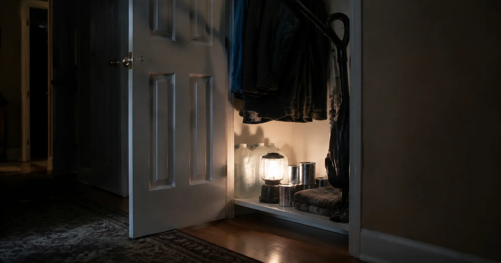 A hall cupboard opened during a power cut: water jugs, a lit lantern, stacked tins and a folded blanket on the lower shelf.