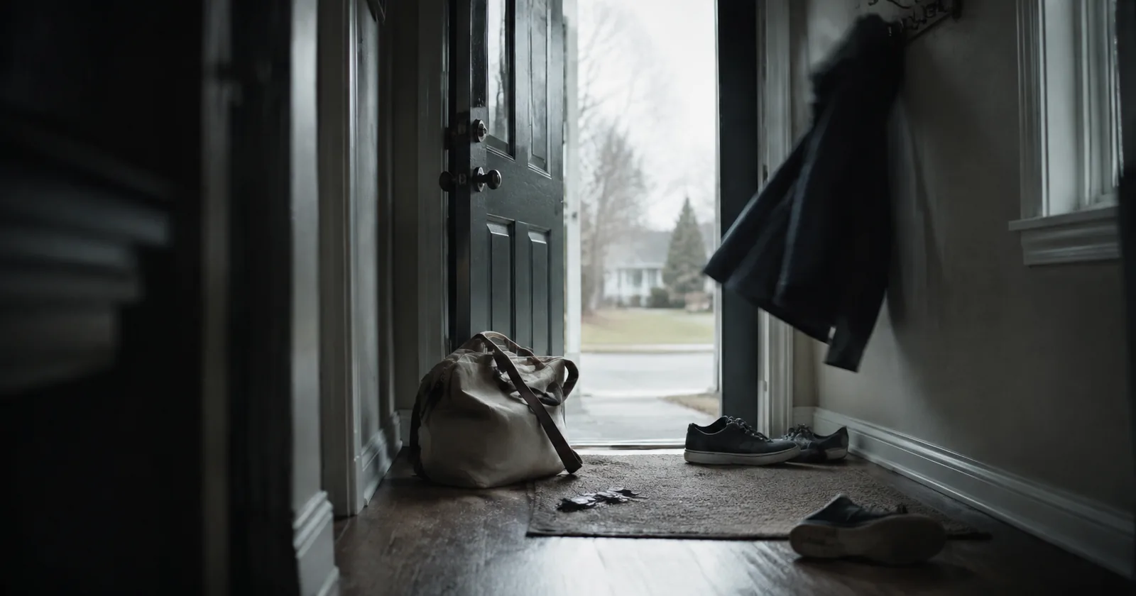 A packed bag, keys and a coat by an open front door, grey daylight outside.