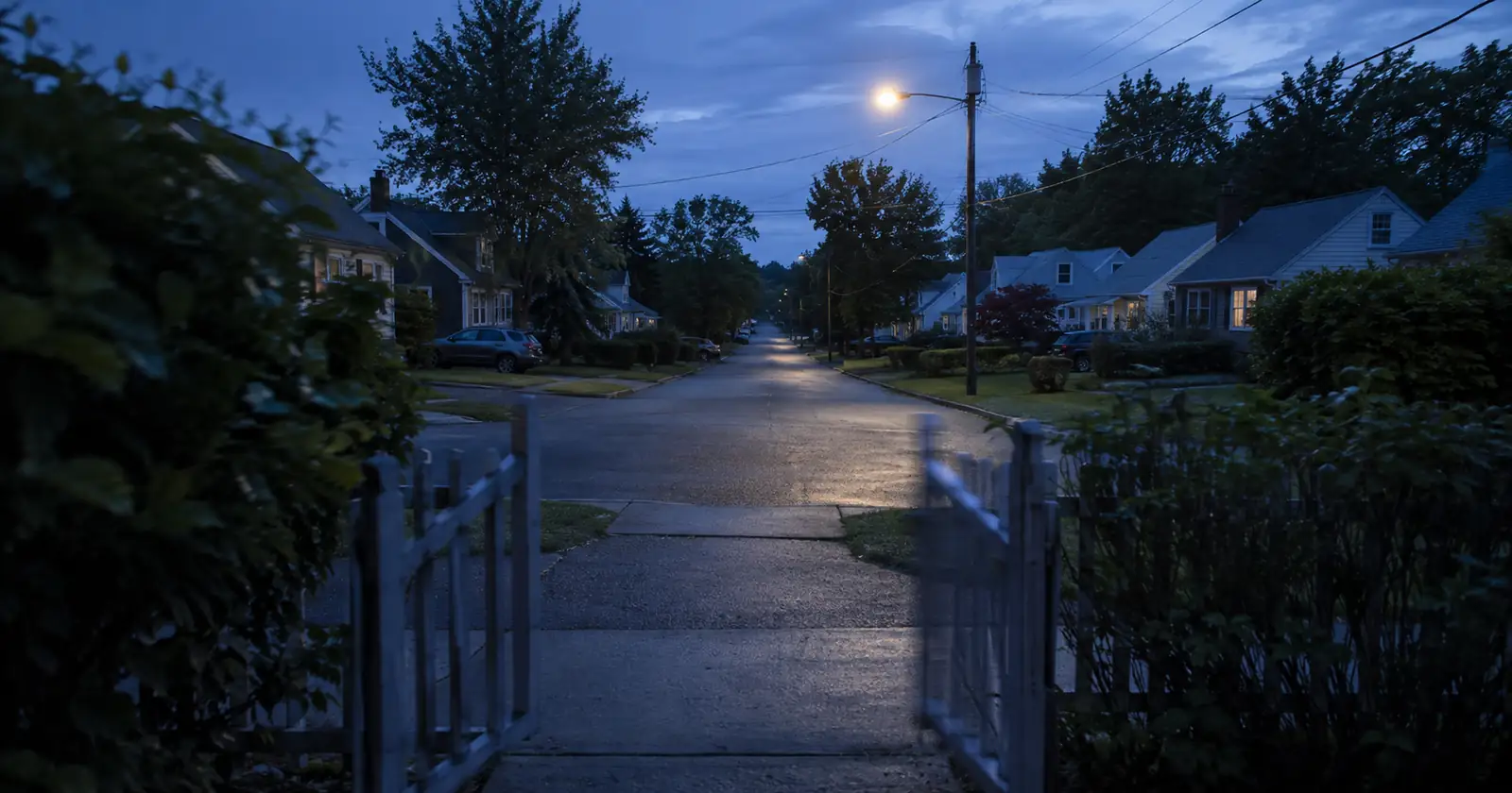 A residential street at dusk seen from a driveway, with a lamppost serving as a household meeting point.