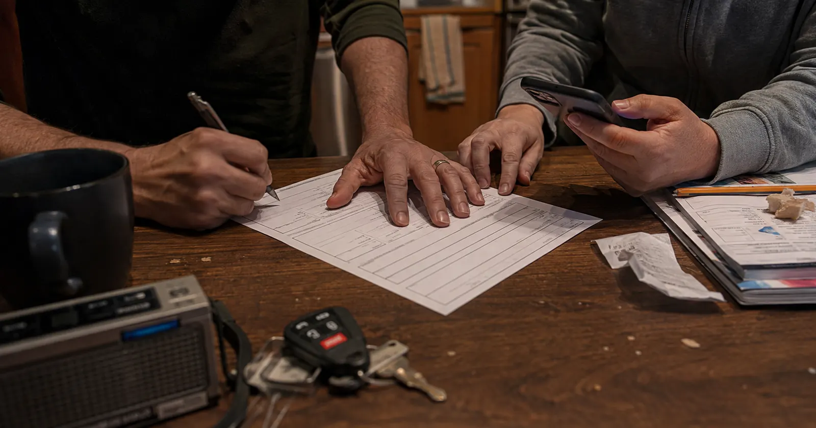 Two people at a kitchen table filling in a printed family emergency plan, one writing while the other checks a phone contact list.