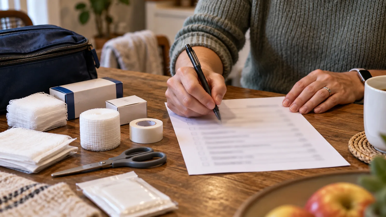 Hands ticking a printed checklist beside first aid supplies laid out on a table.