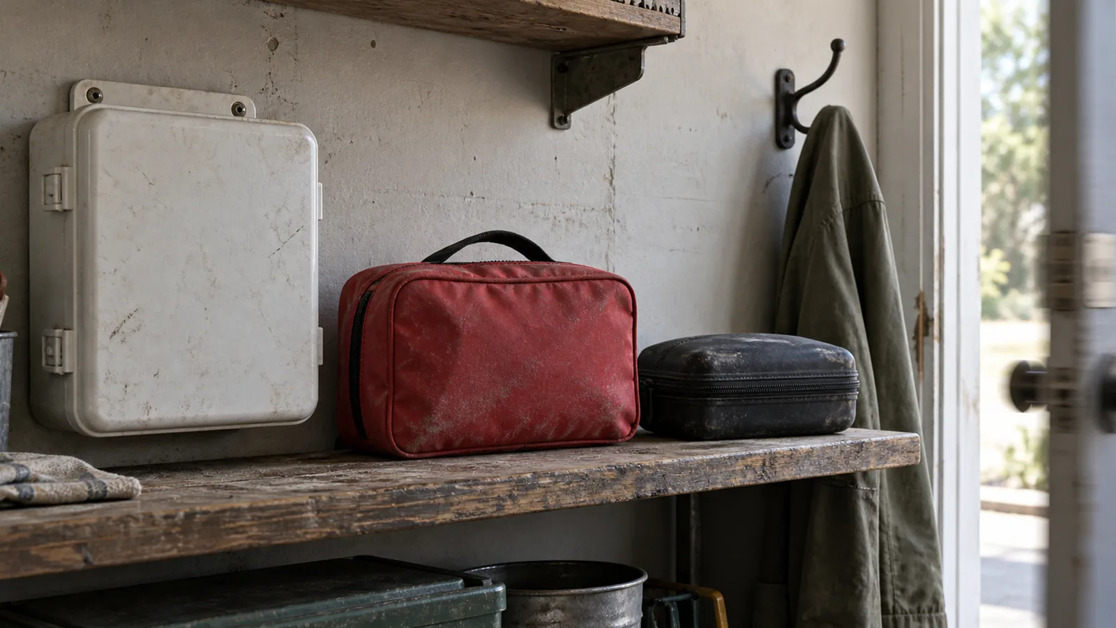 Three first aid kits of different sizes lined up on a shelf: a wall box, a soft pouch and a small travel case.