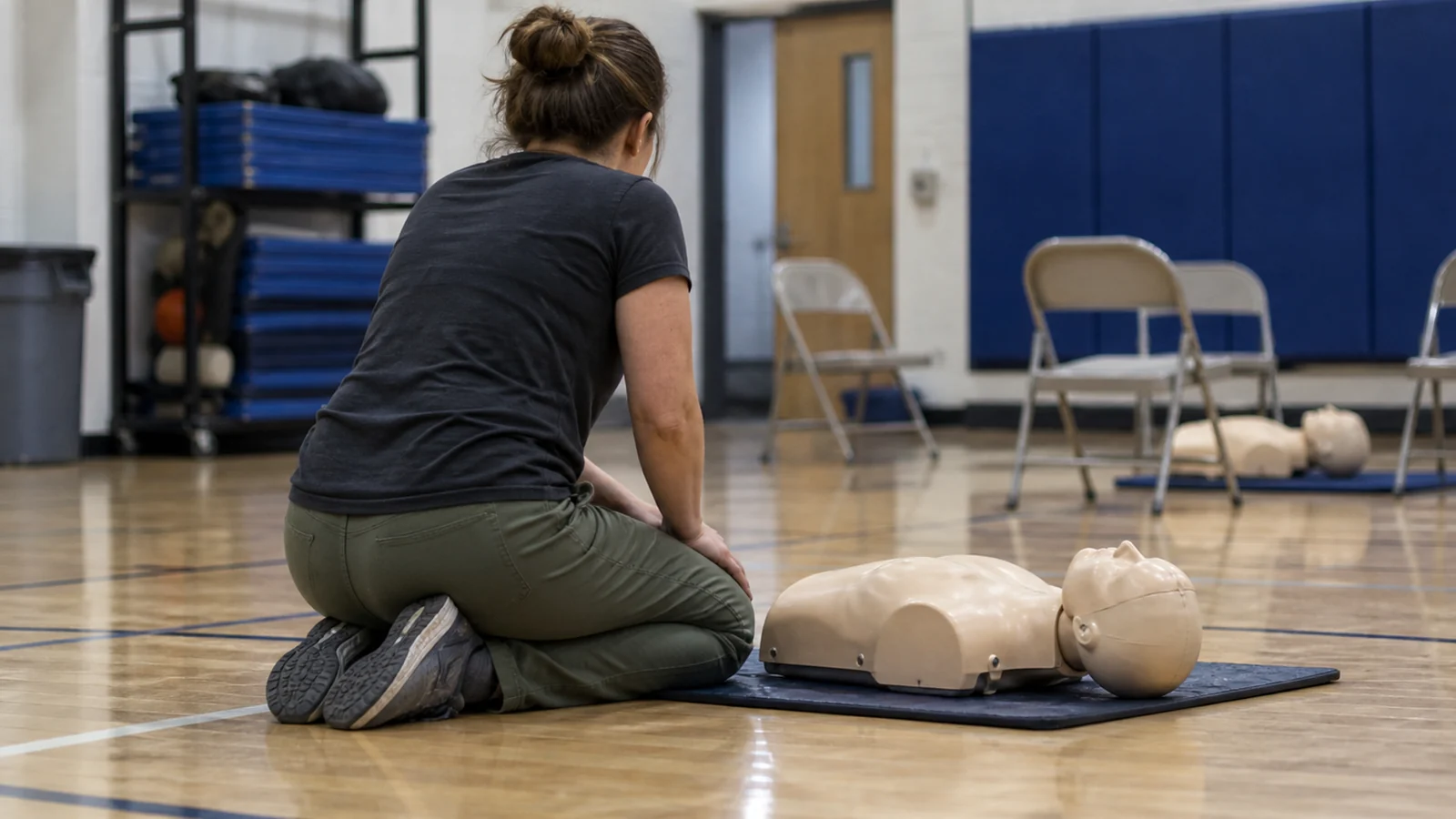 A person kneeling beside a training manikin on a gym floor during a first aid class.