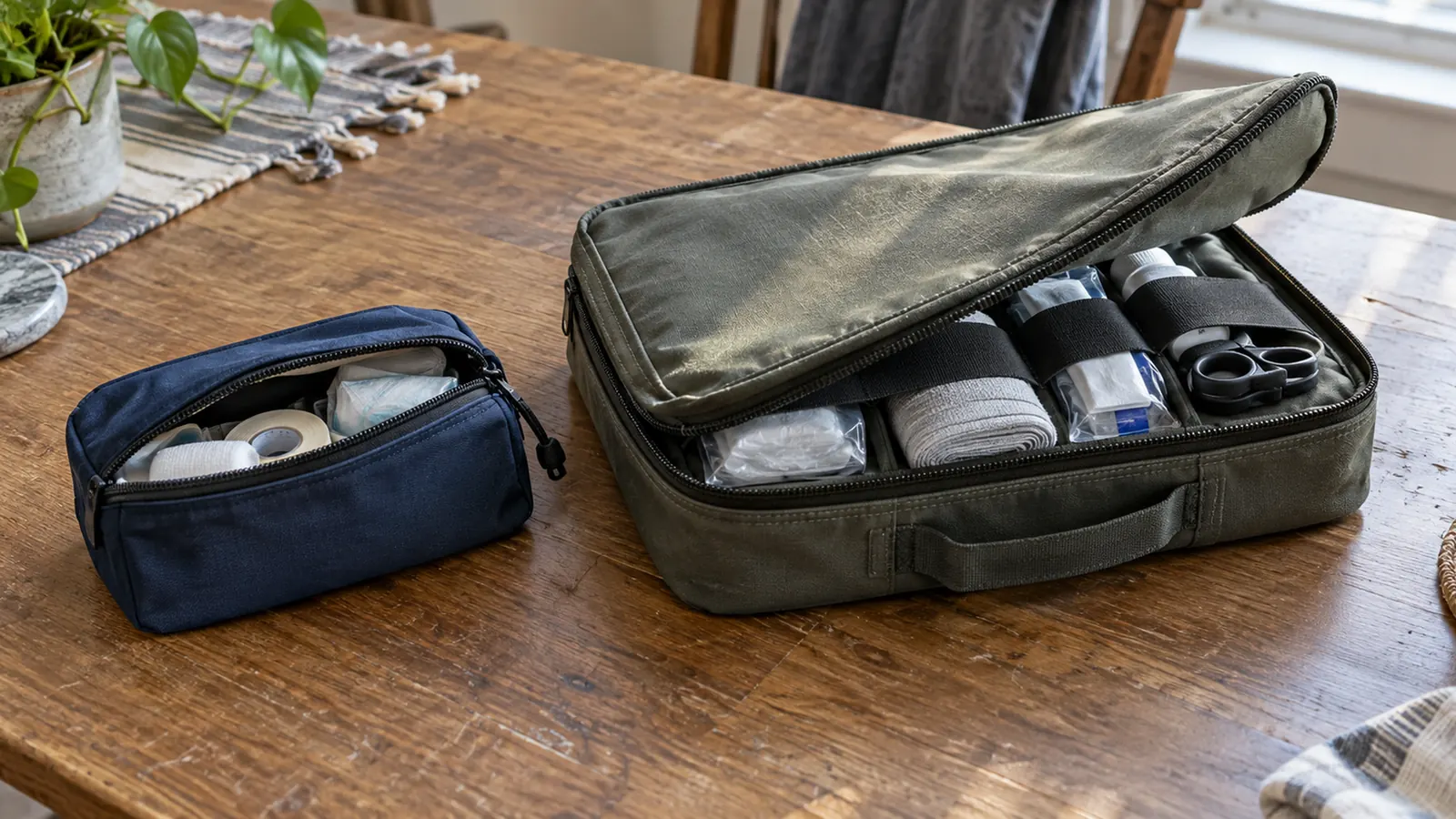 Two kits side by side on a table, a small domestic first aid pouch and a larger trauma pouch.