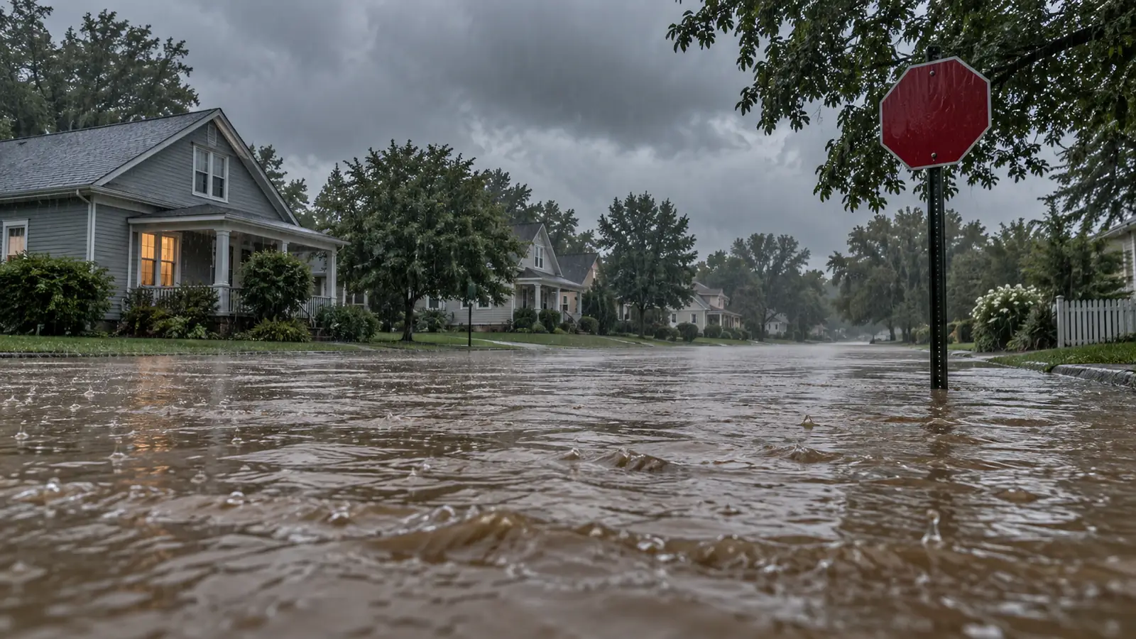 Brown water risen over the lower third of a quiet residential street, houses beyond dry and intact.