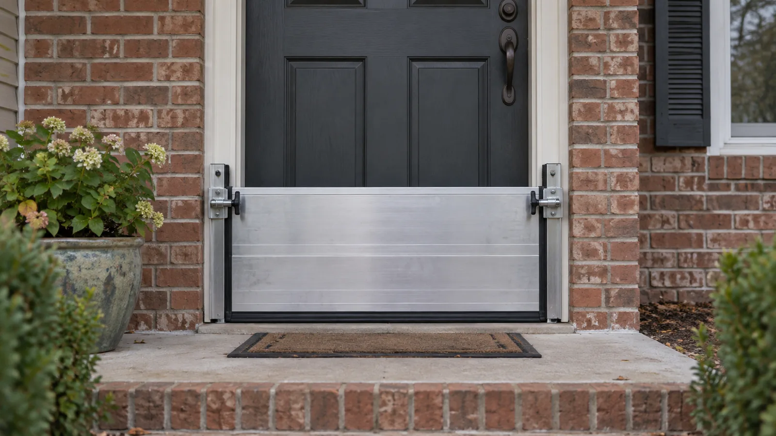 A metal flood barrier panel clamped across the bottom of a house doorway, the step in front dry.