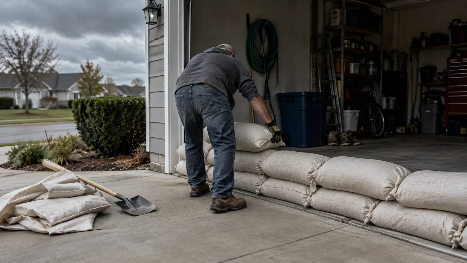 A person placing a filled sandbag onto a low row across a garage doorway, the drive still dry.