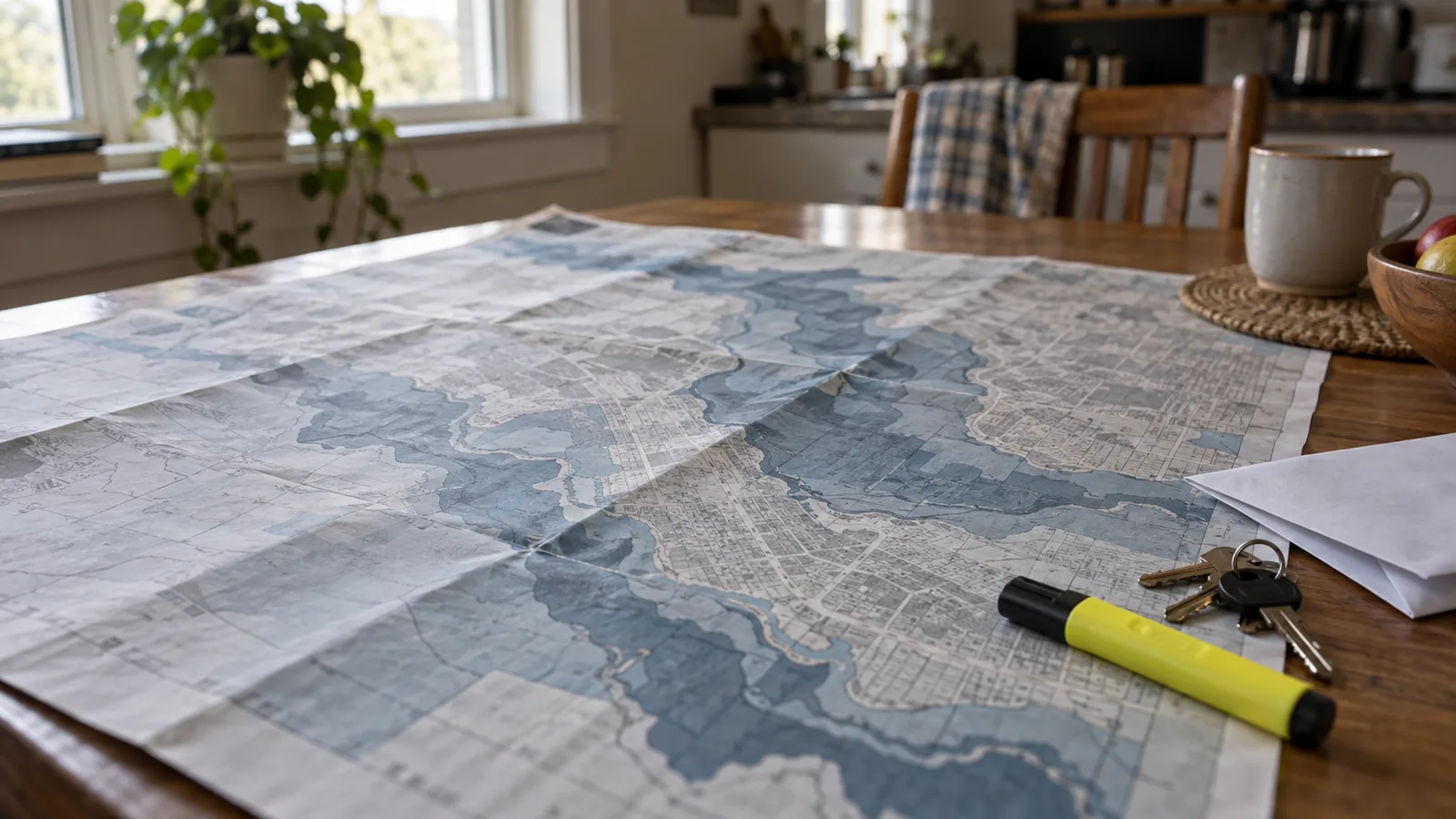 A large printed map spread flat on a kitchen table showing shaded zones, a highlighter and keys on one corner.