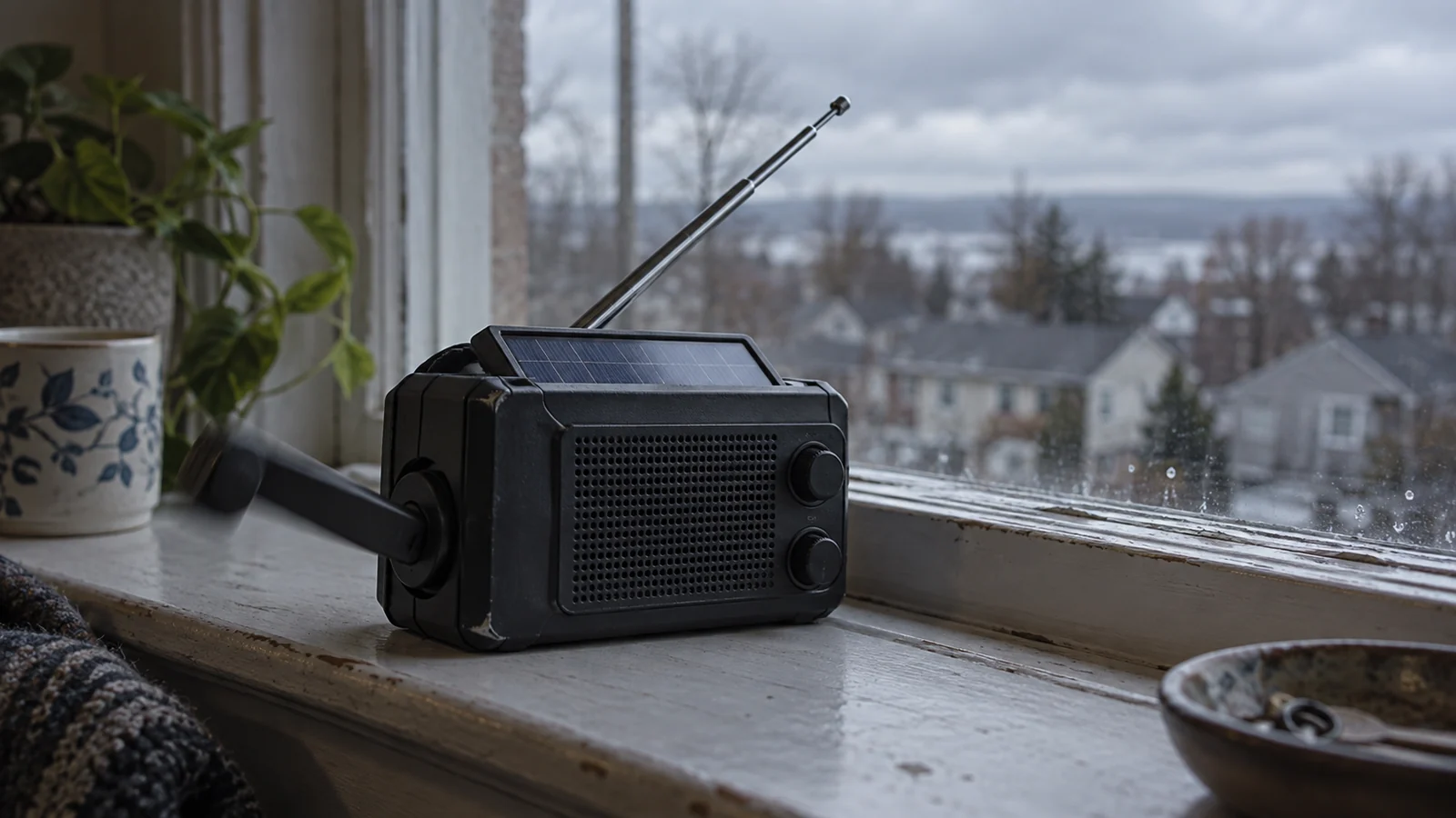 A hand-crank emergency radio with a small solar panel on a windowsill, crank handle folded out.