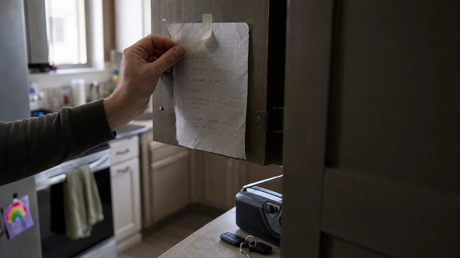 A hand smoothing tape over a hand-filled one-page household emergency plan taped inside a kitchen cabinet door.