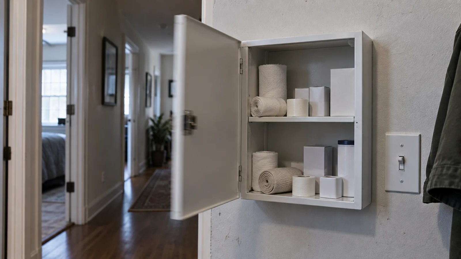 A wall-mounted first aid box standing open in a hallway, contents visible on its shelves.