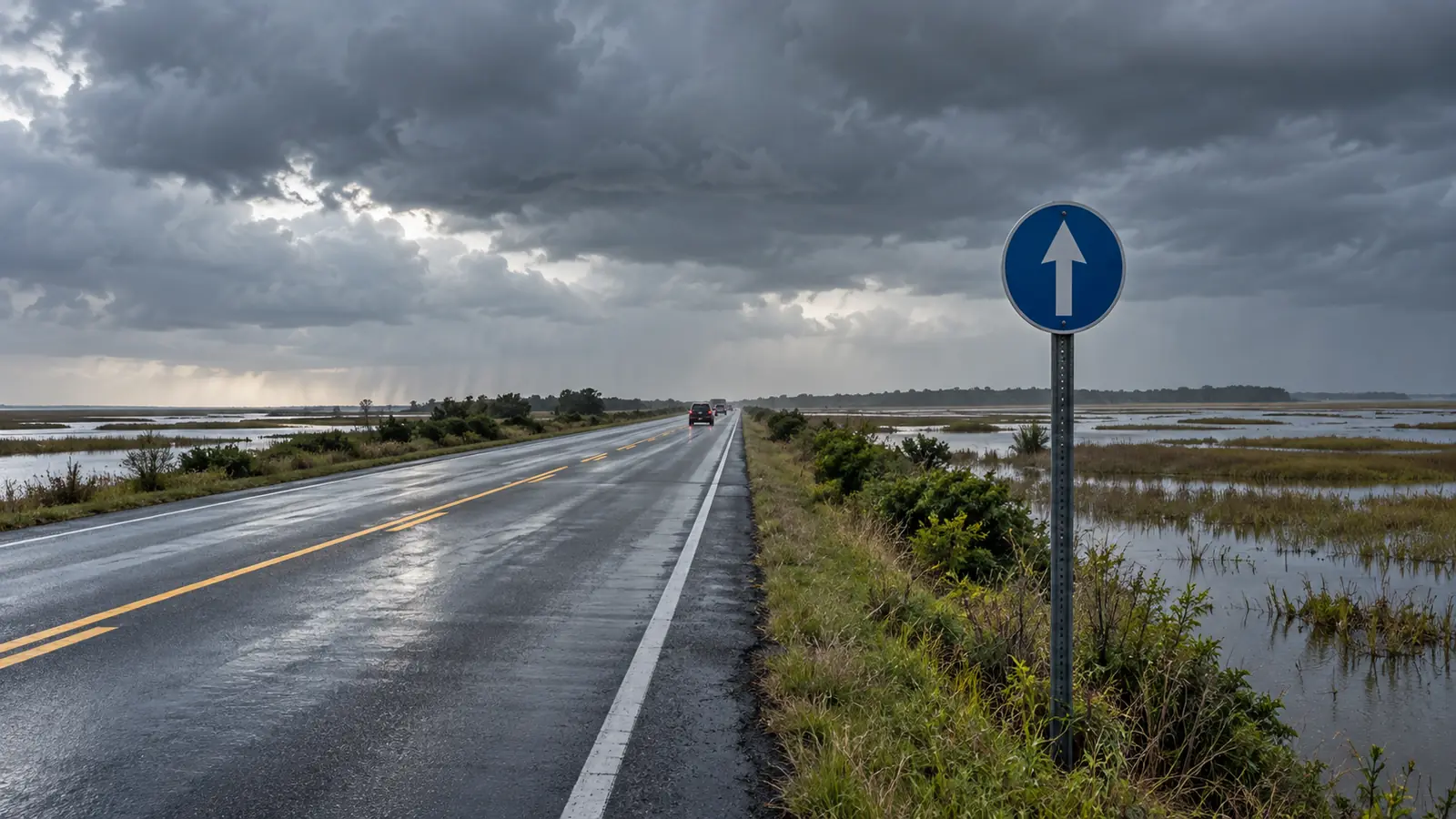 A two-lane coastal highway seen from the verge, a plain blue directional road sign in the mid-ground, flat marsh either side.
