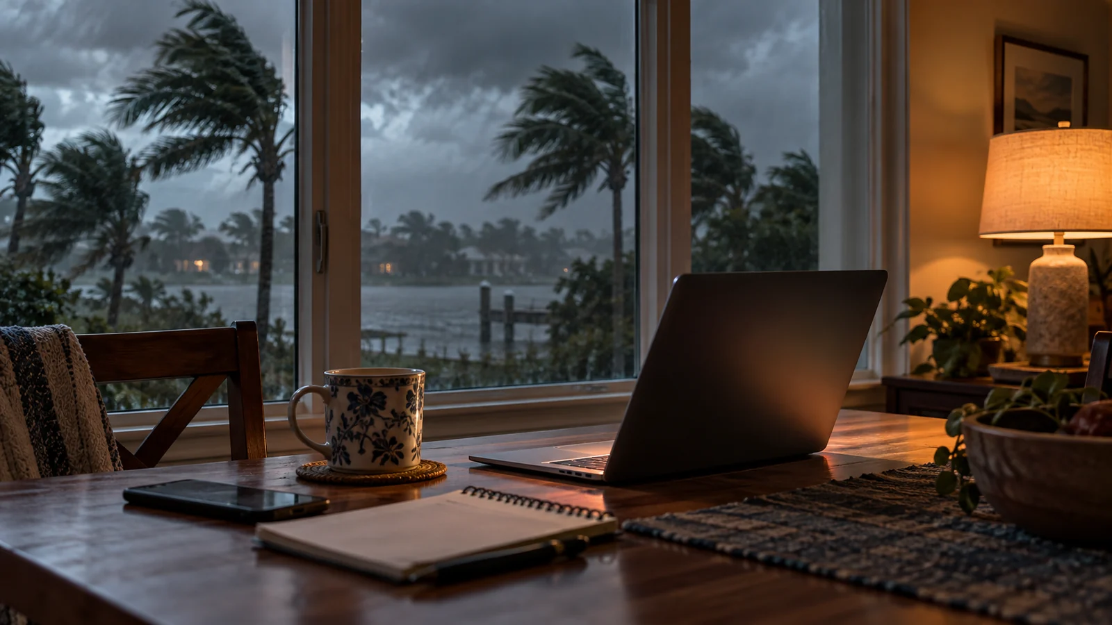 A laptop on a dining table with its screen angled away, palms moving beyond the window behind.