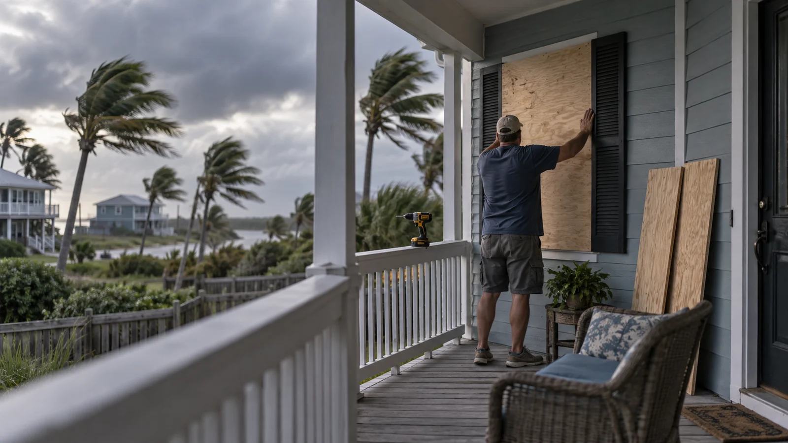 A person on a porch fitting a plywood panel over a window of a coastal house, palms bending under a grey sky.