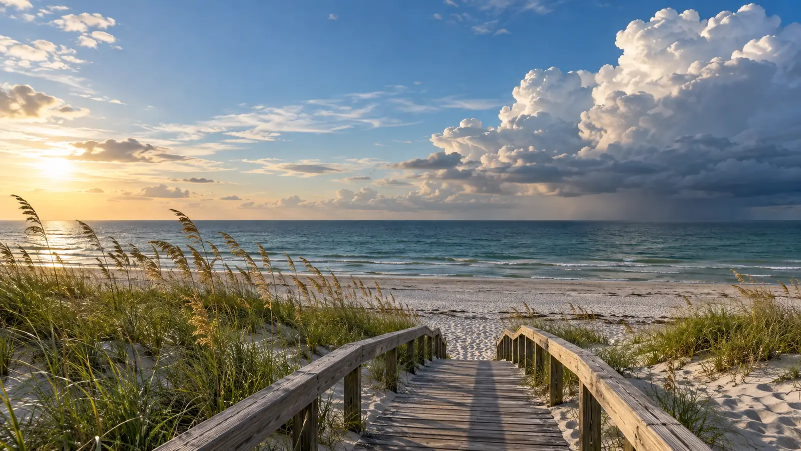 A flat Gulf-coast shoreline seen from a low dune, tall cumulus building far out over the water.