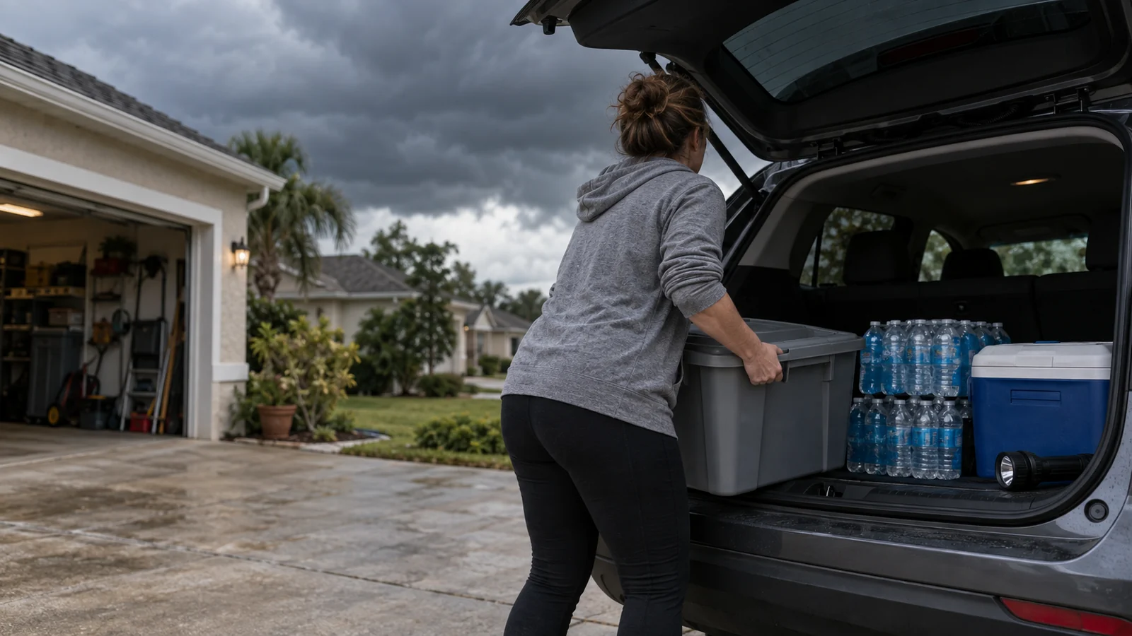 A person loading a plastic storage tote into a car boot in a driveway, bottled water and a cool box beside it.
