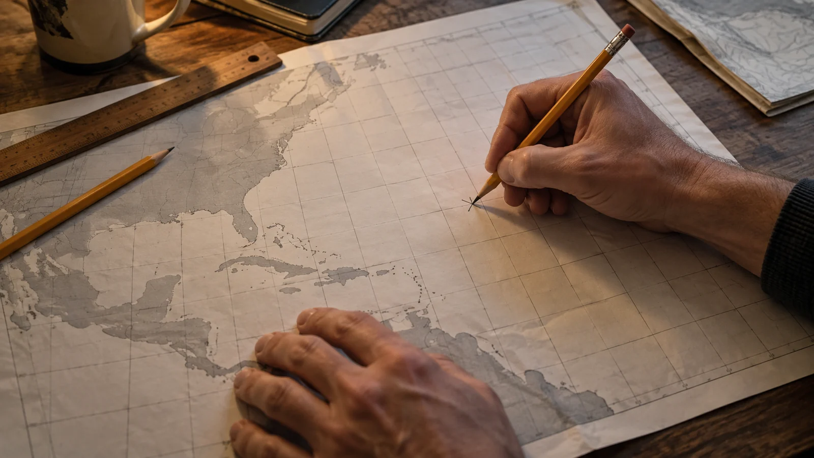 Hands marking a pencil cross on a large printed latitude and longitude chart, a ruler beside it on a wooden table.