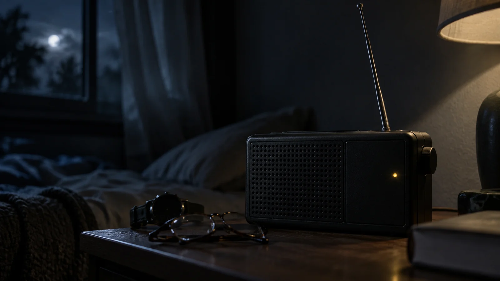 A weather alert radio on a bedside table in a dark bedroom, indicator light showing.