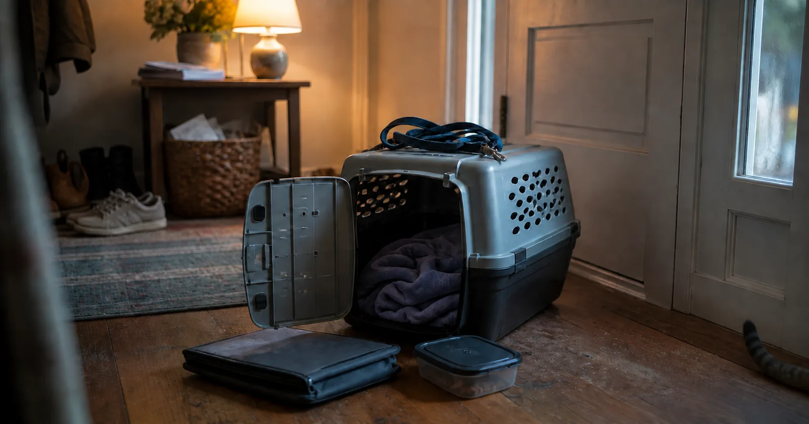 An open pet carrier by a front door with a folded blanket inside, a leash and a labelled document pouch beside it.