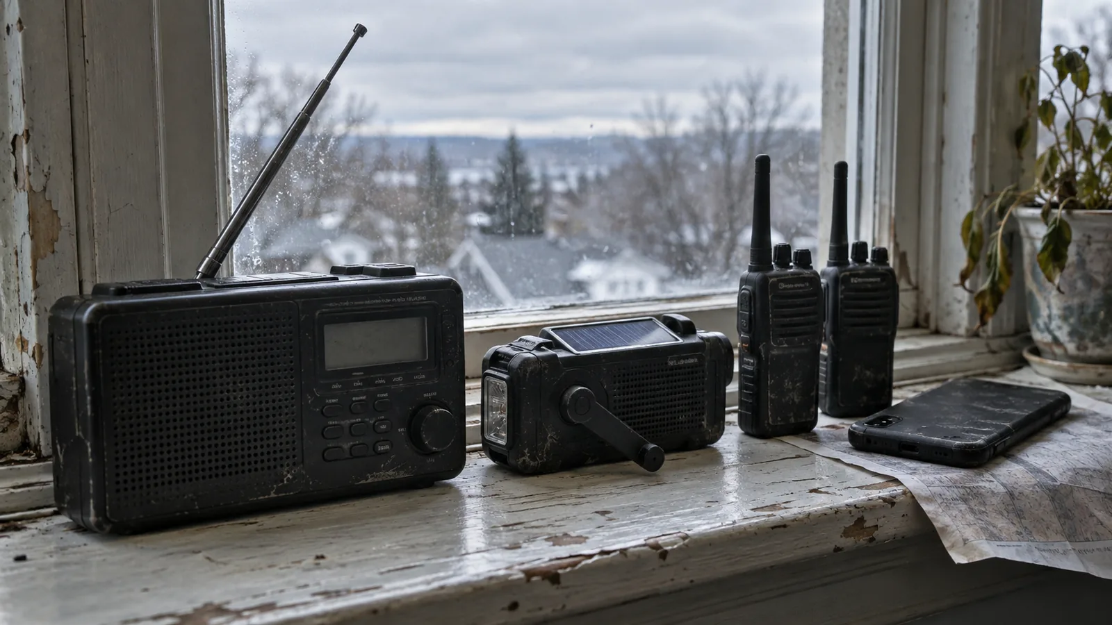 A windowsill lined with a weather alert radio, a crank radio with a solar panel, two handheld two-way radios and a face-down phone.