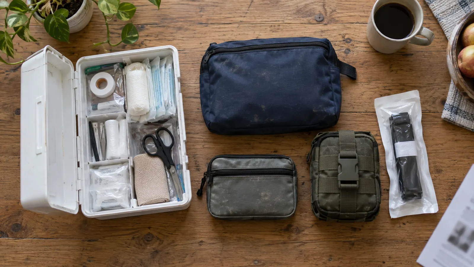An overhead view of a kitchen table holding a wall box, a soft pouch, a travel case and a compact trauma pouch side by side.