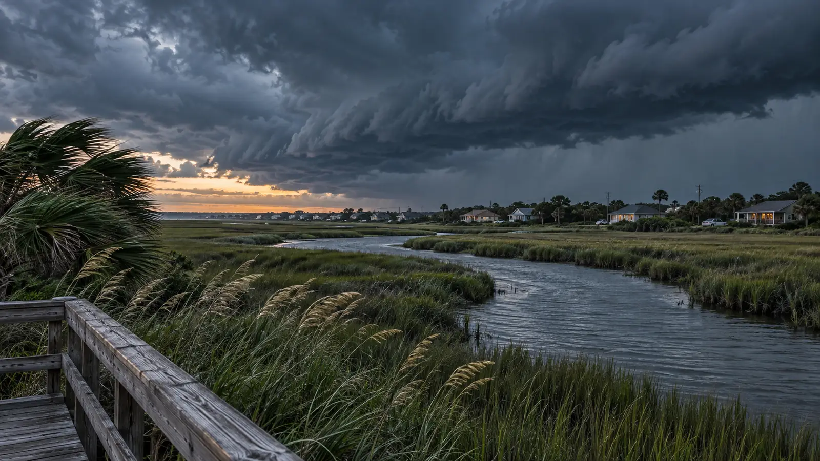 A low-country coastal scene at dusk, marsh and tidal creeks in the foreground, houses on higher ground, dark cloud filling the sky.