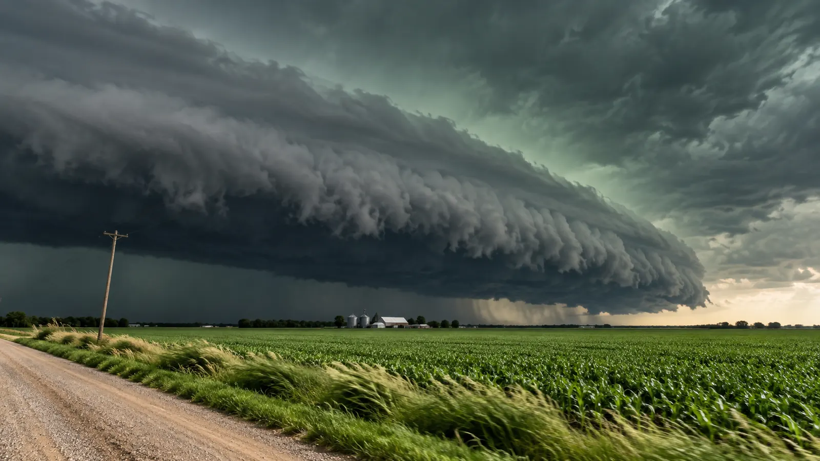 A wide flat plain under a dark shelf cloud spanning the horizon, farm buildings intact in the distance.