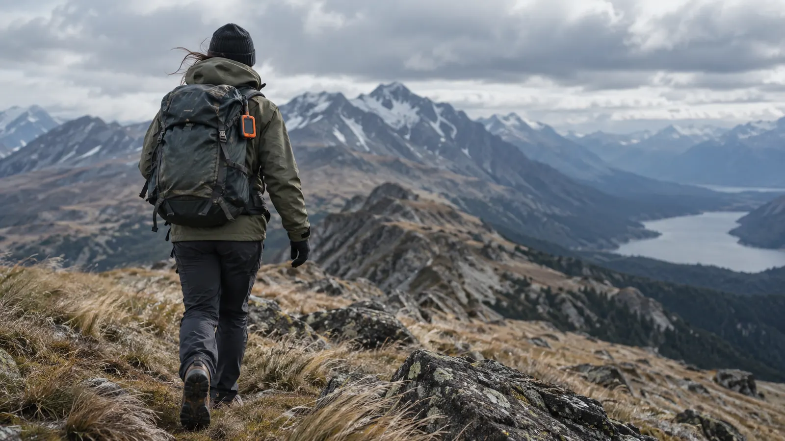 A hiker seen from behind on an open ridge, a small orange satellite messenger clipped to the backpack strap.