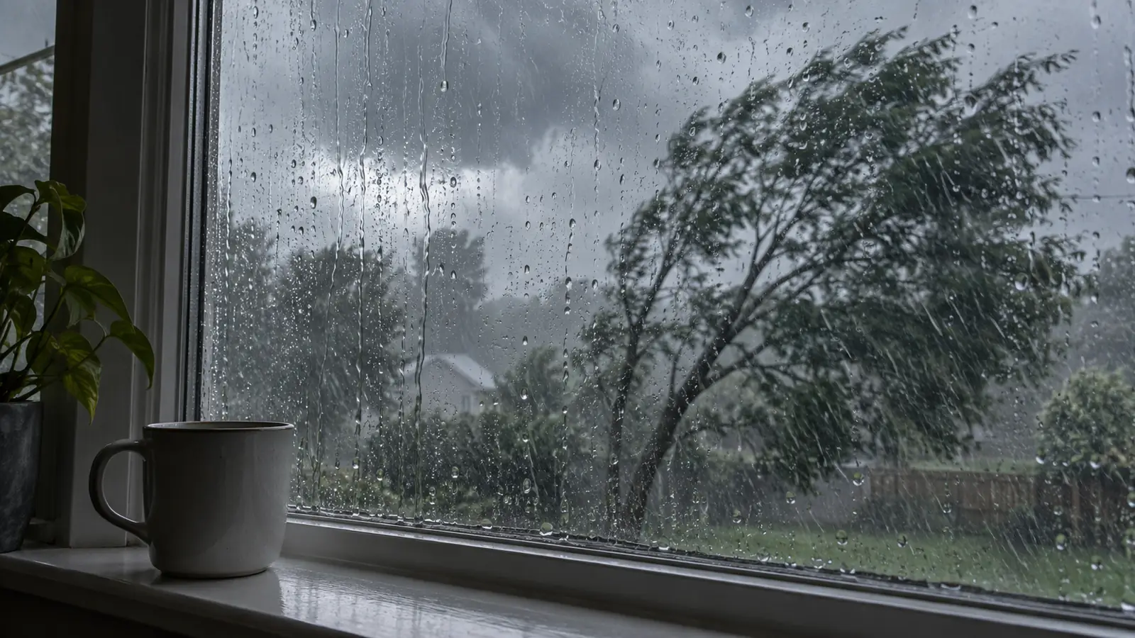 Heavy rain and wind seen through a streaked window from inside a house, a garden tree bending beyond.