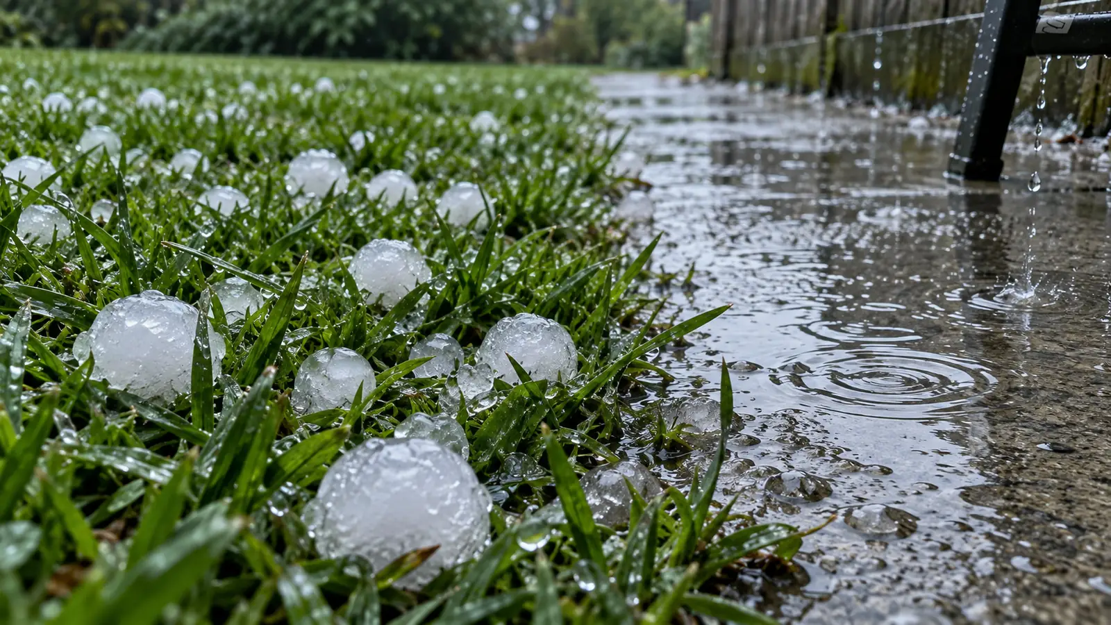 Hailstones scattered across wet green grass beside a flooded concrete path just after a storm.