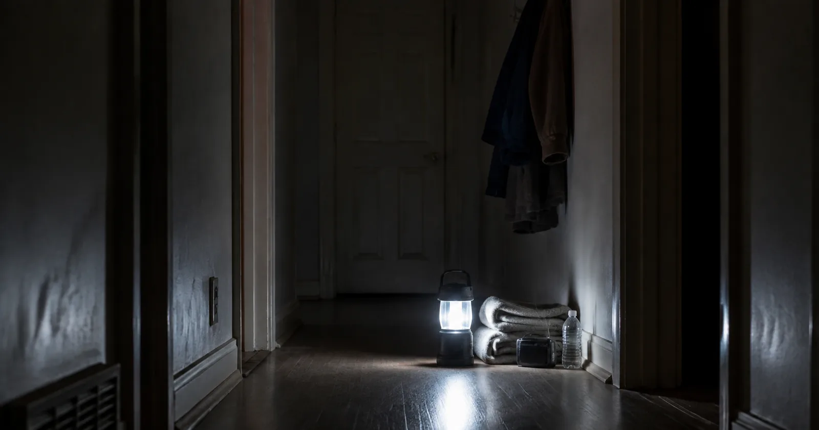 A windowless interior hallway with a closed door at the end, a lantern and a folded blanket on the floor.
