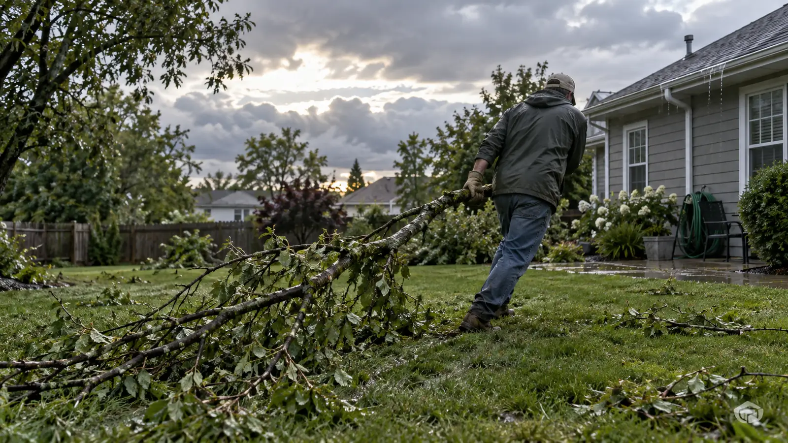 A person dragging a large fallen tree branch across a suburban lawn the morning after a storm, house intact behind.